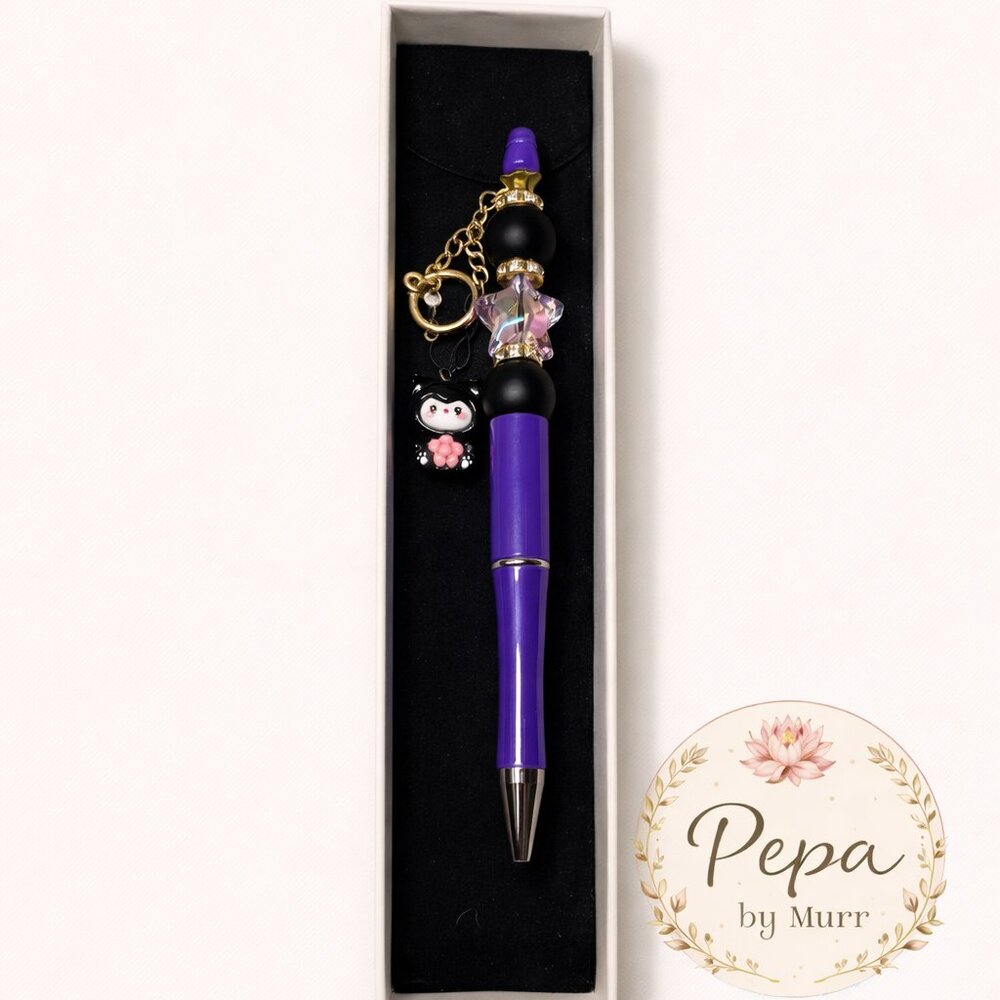 Purple Kawaii Beaded Pen with Charm – Gift Box Included